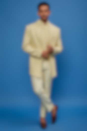 Yellow Faux Silk Hand Embroidered Wedding Indowestern Set by SVEN SUITS at Pernia's Pop Up Shop