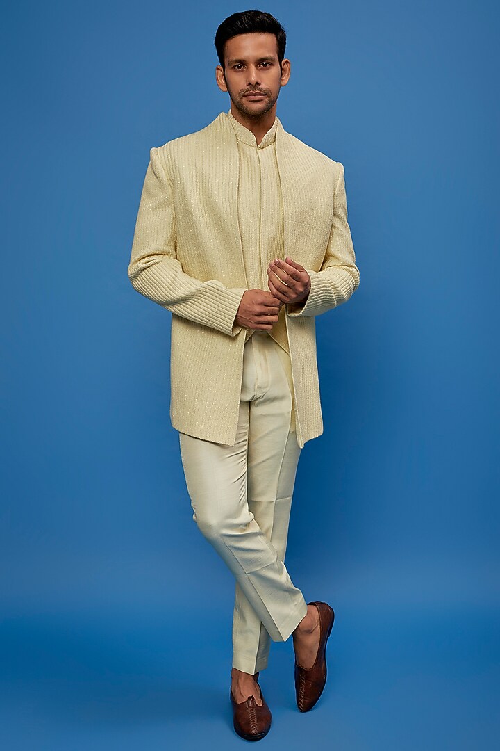 Yellow Faux Silk Hand Embroidered Wedding Indowestern Set by SVEN SUITS at Pernia's Pop Up Shop