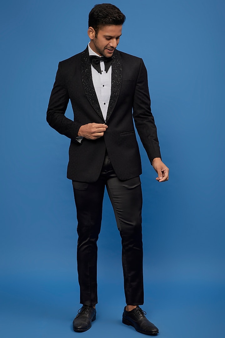Black Jacquard Wool Blended Embroidered Tuxedo Set by SVEN SUITS