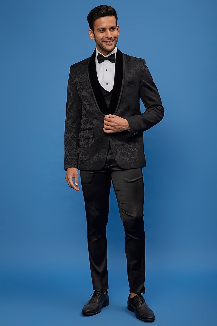 Black Jacquard Terry Rayon Tuxedo Set by SVEN SUITS