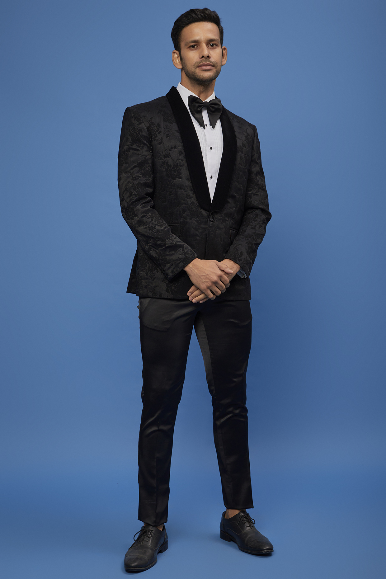 Black Jacquard Terry Rayon Tuxedo Set by SVEN SUITS
