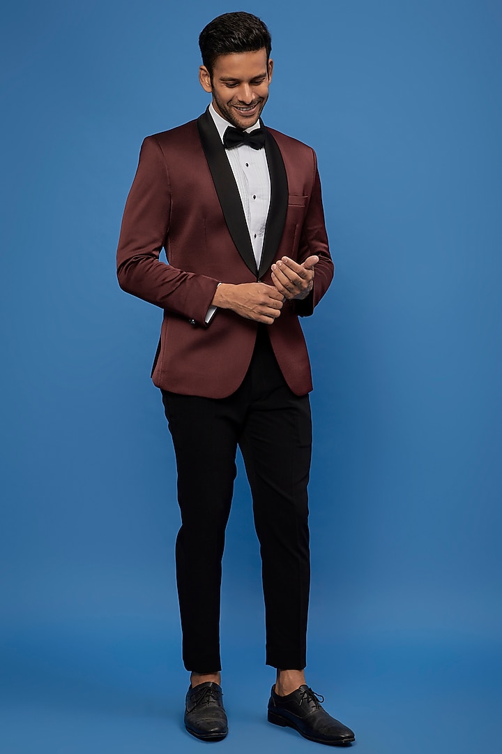 Cherry Wine Imported Satin Blend Tuxedo Set by SVEN SUITS