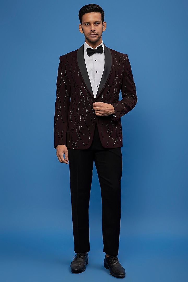Maroon Four Way Stretch Embroidered Tuxedo Set by SVEN SUITS