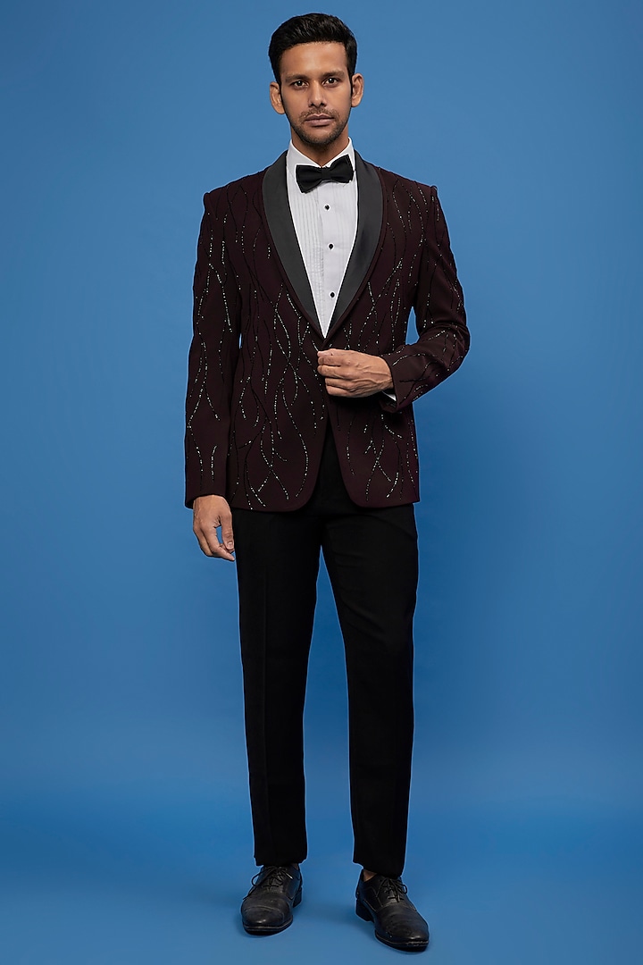 Maroon Four Way Stretch Embroidered Tuxedo Set by SVEN SUITS at Pernia's Pop Up Shop