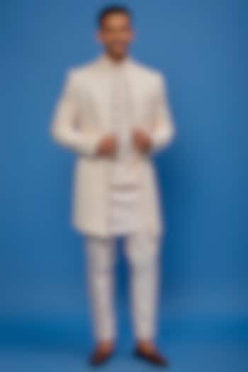 Baby Pink Faux Silk Embroidered Wedding Indowestern Set by SVEN SUITS at Pernia's Pop Up Shop