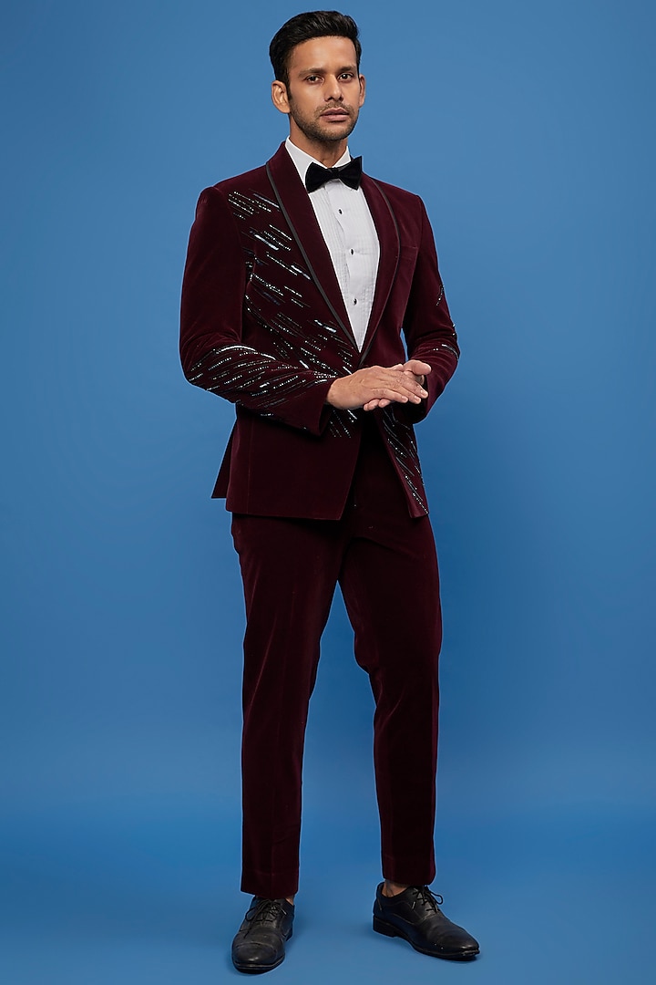 Wine Velvet Embroidered Tuxedo Set by SVEN SUITS