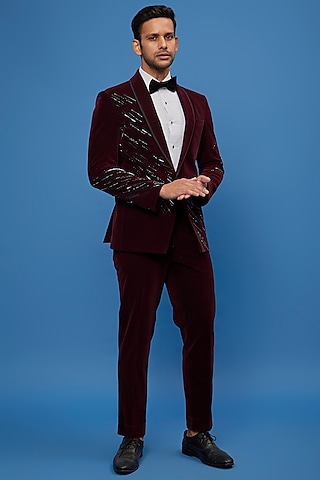 Wine Velvet Embroidered Tuxedo Set by SVEN SUITS