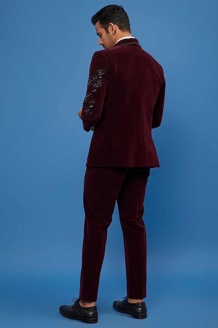 Buy SVEN SUITS Wine Velvet Embroidered Tuxedo Set at Pernia