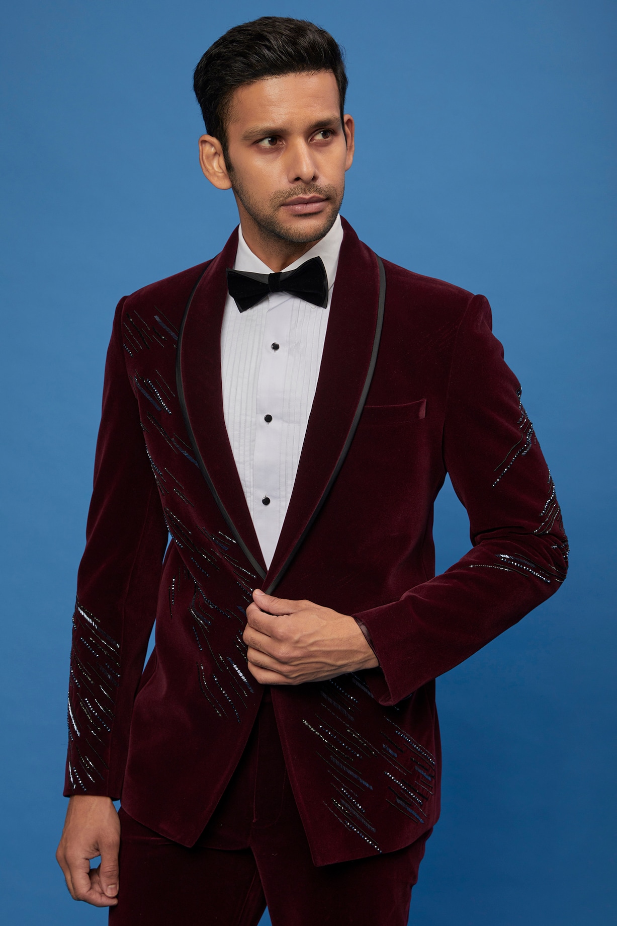 Buy SVEN SUITS Wine Velvet Embroidered Tuxedo Set at Pernia
