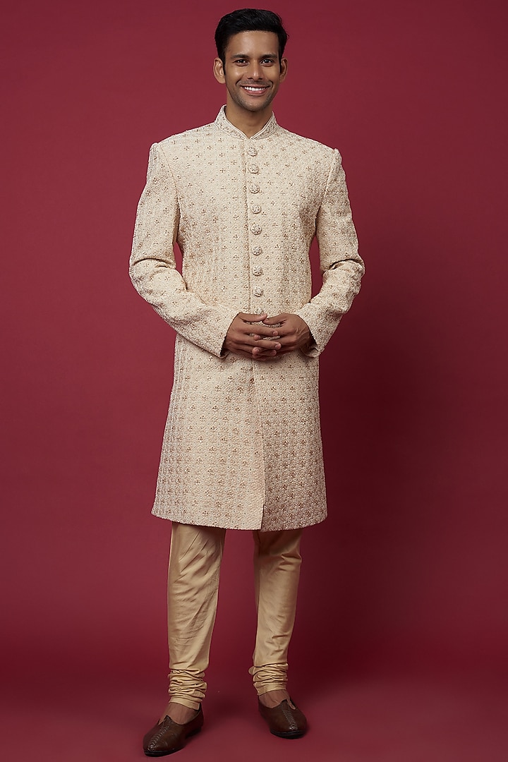Light Peach Faux Silk Embroidered Sherwani Set by SVEN SUITS