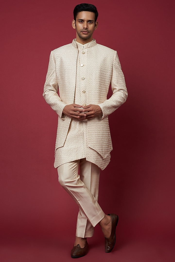 Light Cream Faux Silk Embroidered Indo-Western Set by SVEN SUITS at Pernia's Pop Up Shop