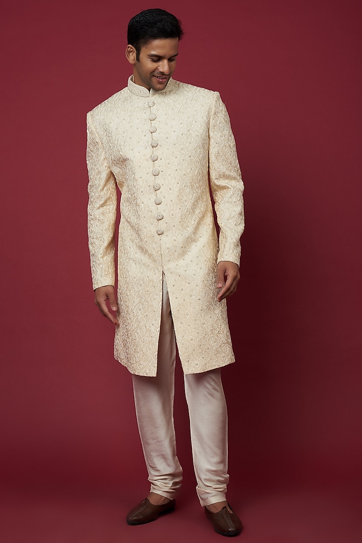 Off-White Faux Silk Embroidered Sherwani Set by SVEN SUITS