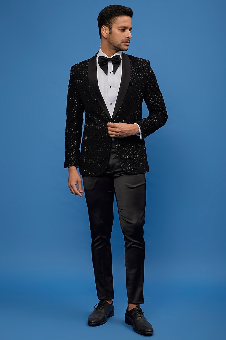 Black Imported Stretch Embroidered Tuxedo Set by SVEN SUITS