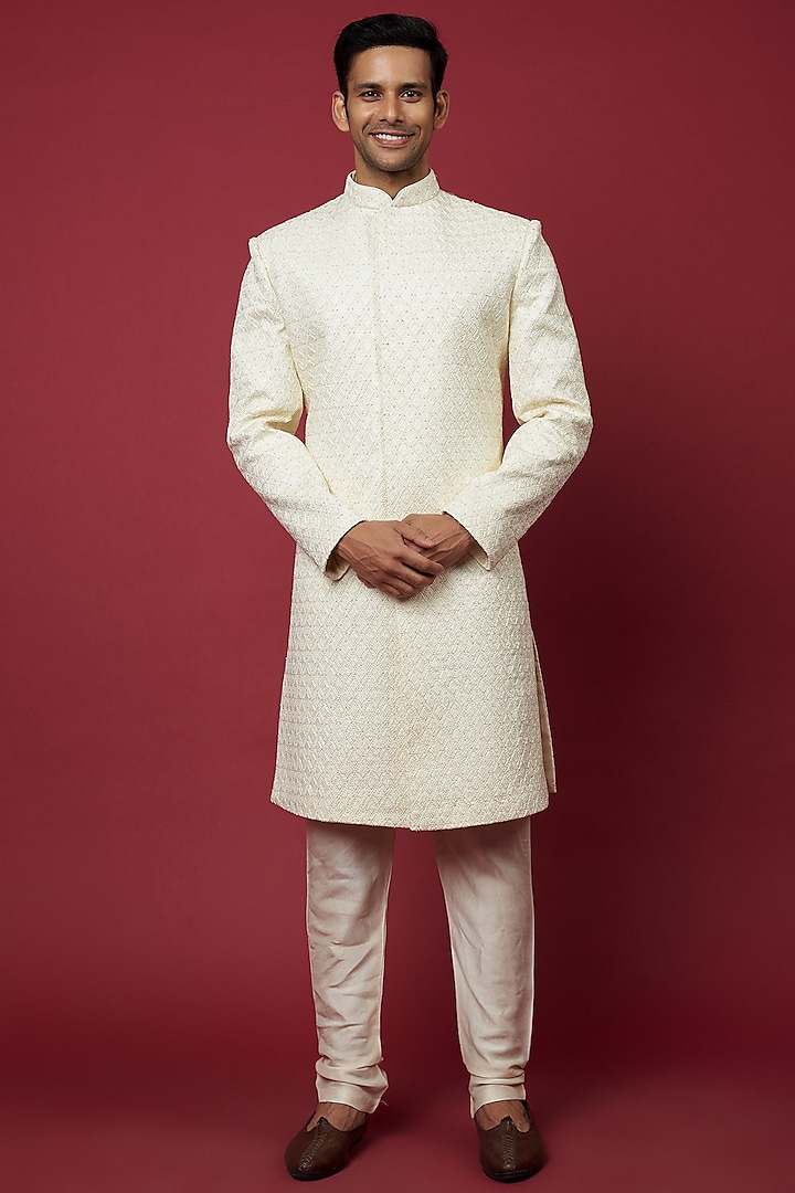 White Faux Silk Hand Embroidered Sherwani Set by SVEN SUITS