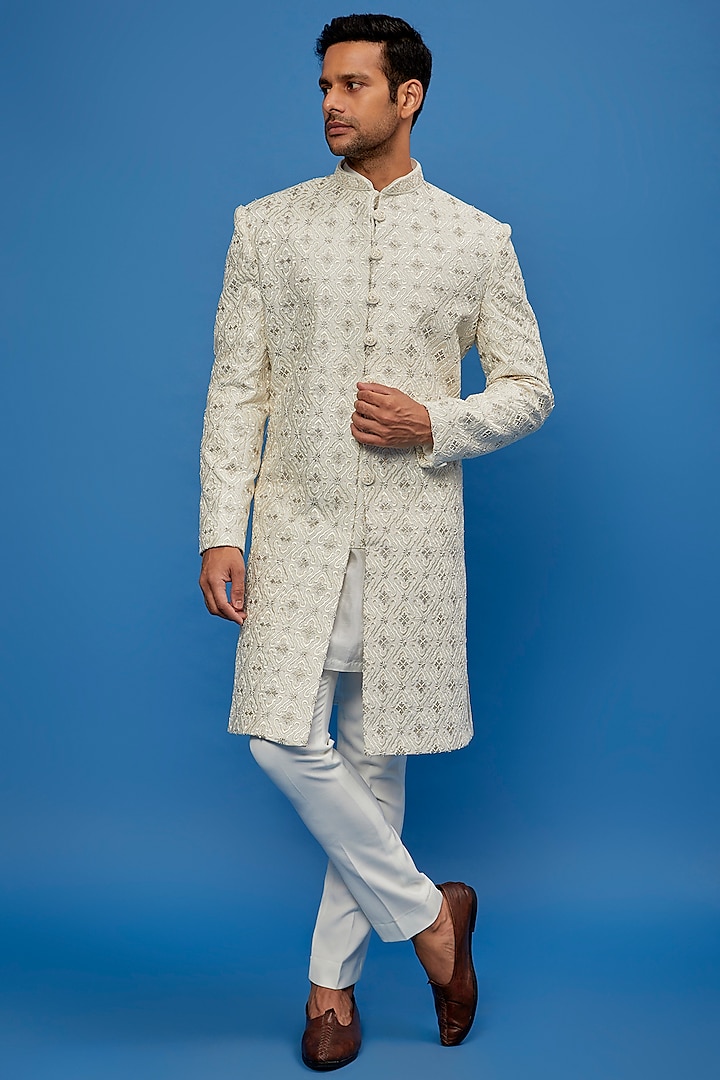 White Faux Silk & Gajji Silk Embroidered Sherwani Set by SVEN SUITS