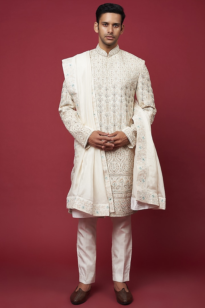 Cream Faux Silk Hand Embroidered Sherwani Set by SVEN SUITS