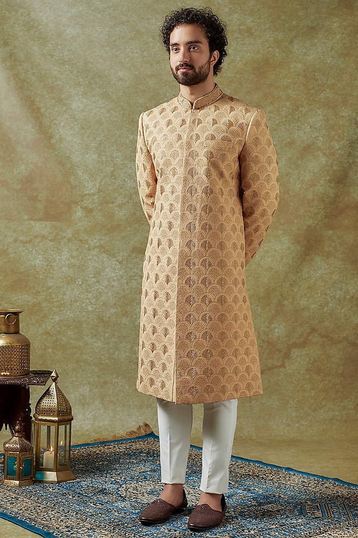 Beige Gold Faux Silk Motif & Sequins Embroidered Sherwani Set by SVEN SUITS