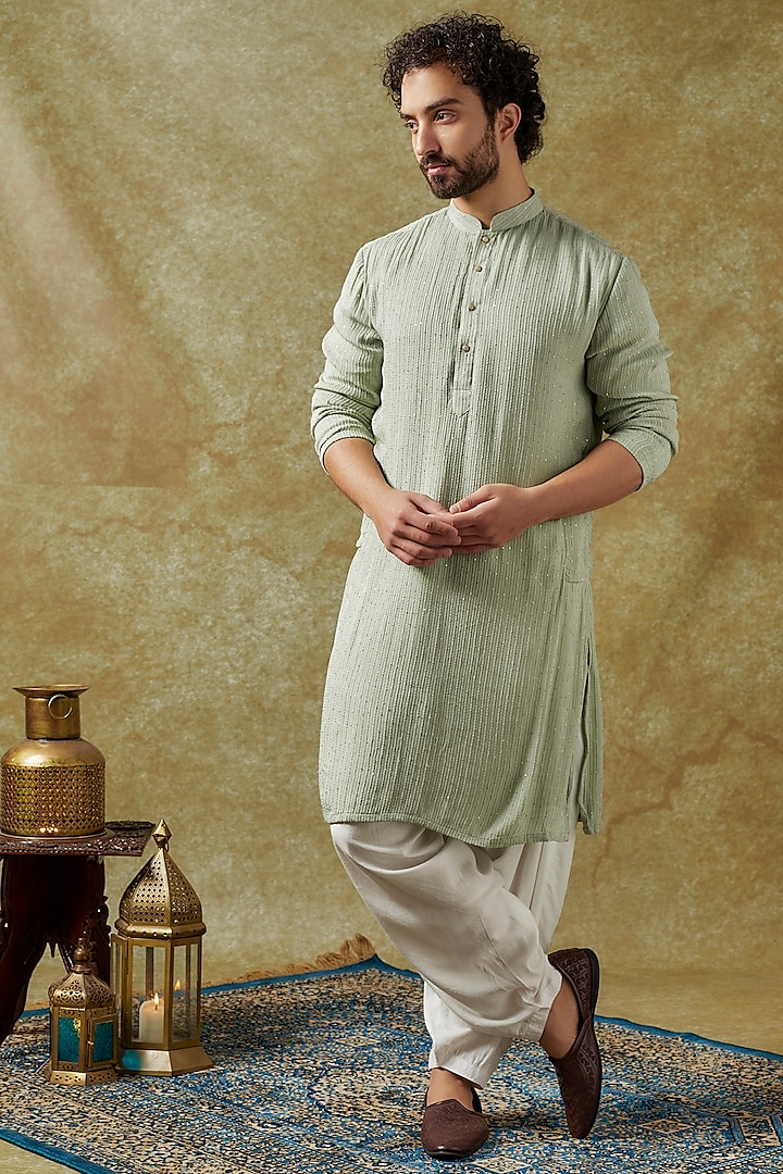 Sage Green Georgette Sequins Embroidered Kurta Set by SVEN SUITS