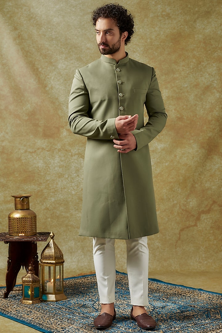 Mehendi Green Polyester Viscose Embellished Sherwani Set by SVEN SUITS