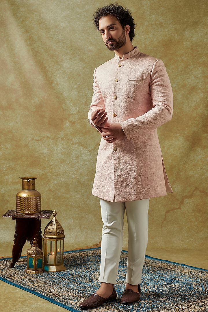 Baby Pink Faux Silk Thread Embroidered Sherwani Set by SVEN SUITS