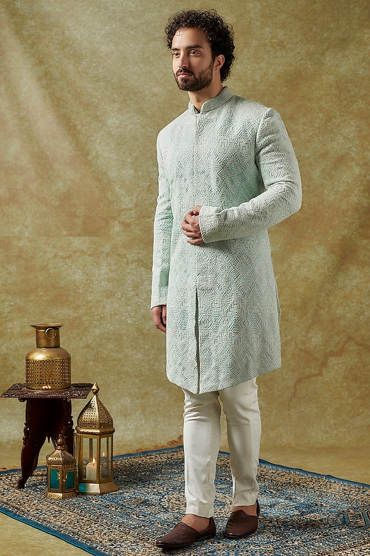 Pistachio Green Georgette Thread & Pearl Embroidered Sherwani Set by SVEN SUITS