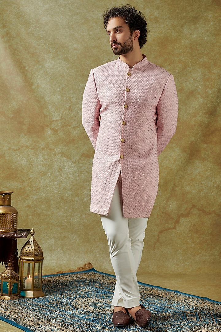 Baby Pink Georgette Thread & Pearl Embroidered Sherwani Set by SVEN SUITS