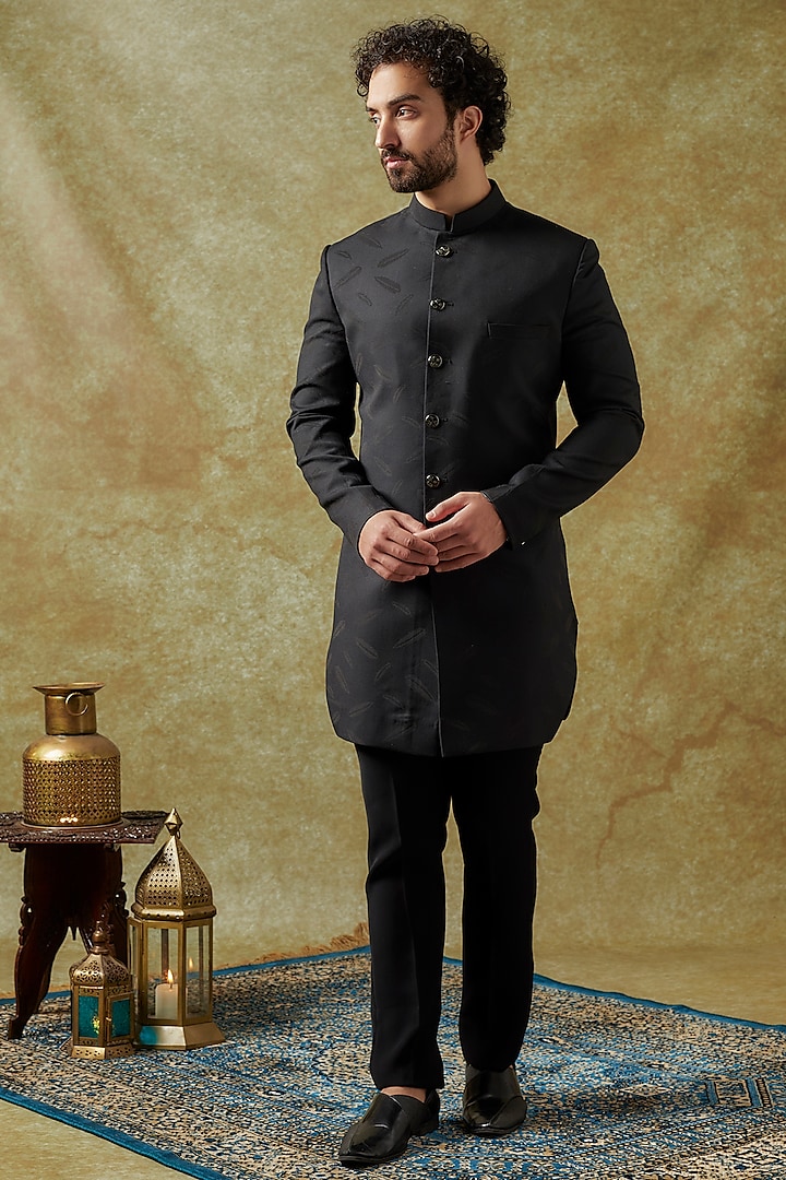 Black Terry Rayon Indowestern Set by SVEN SUITS
