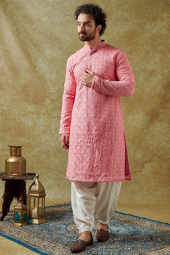 Strawberry Pink Georgette Mirror Embroidered Kurta Set by SVEN SUITS