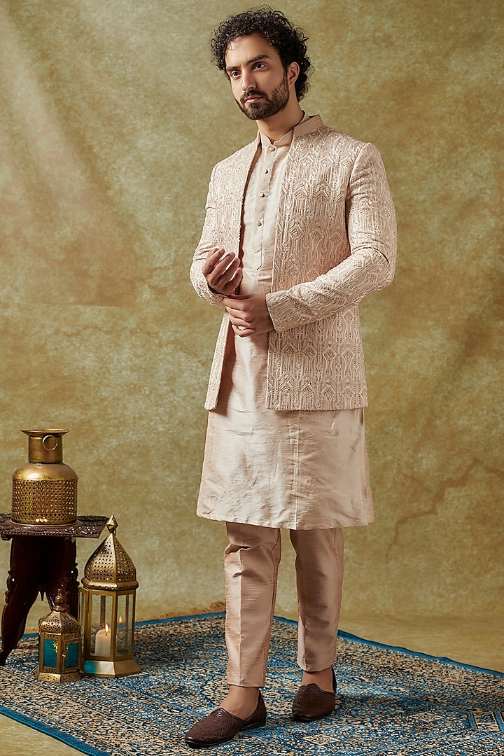 Rose Gold Silk Cutdana Hand Embroidered Groom Bandhgala Set by SVEN SUITS at Pernia's Pop Up Shop