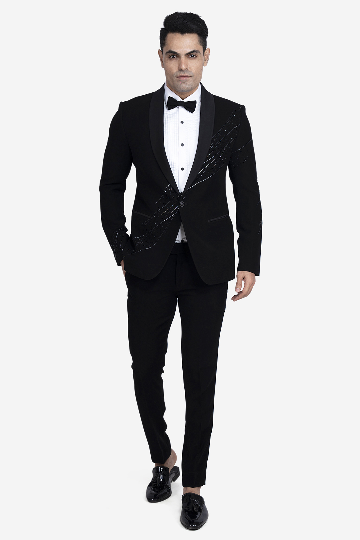 Black Polyester Viscose Embroidered Tuxedo Set by SVEN SUITS at Pernia's Pop Up Shop