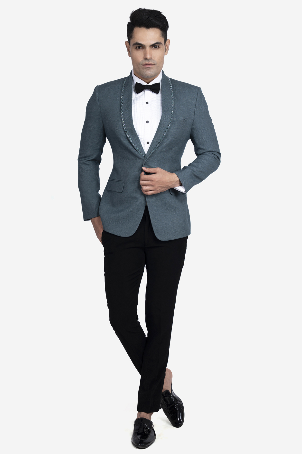 Green Poly Wool Hand Embroidered Tuxedo Set by SVEN SUITS at Pernia's Pop Up Shop