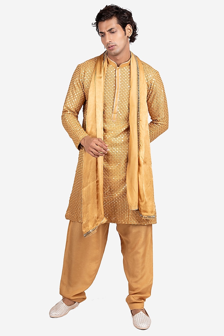 Gold Faux Silk Embroidered Kurta Set by SVEN SUITS
