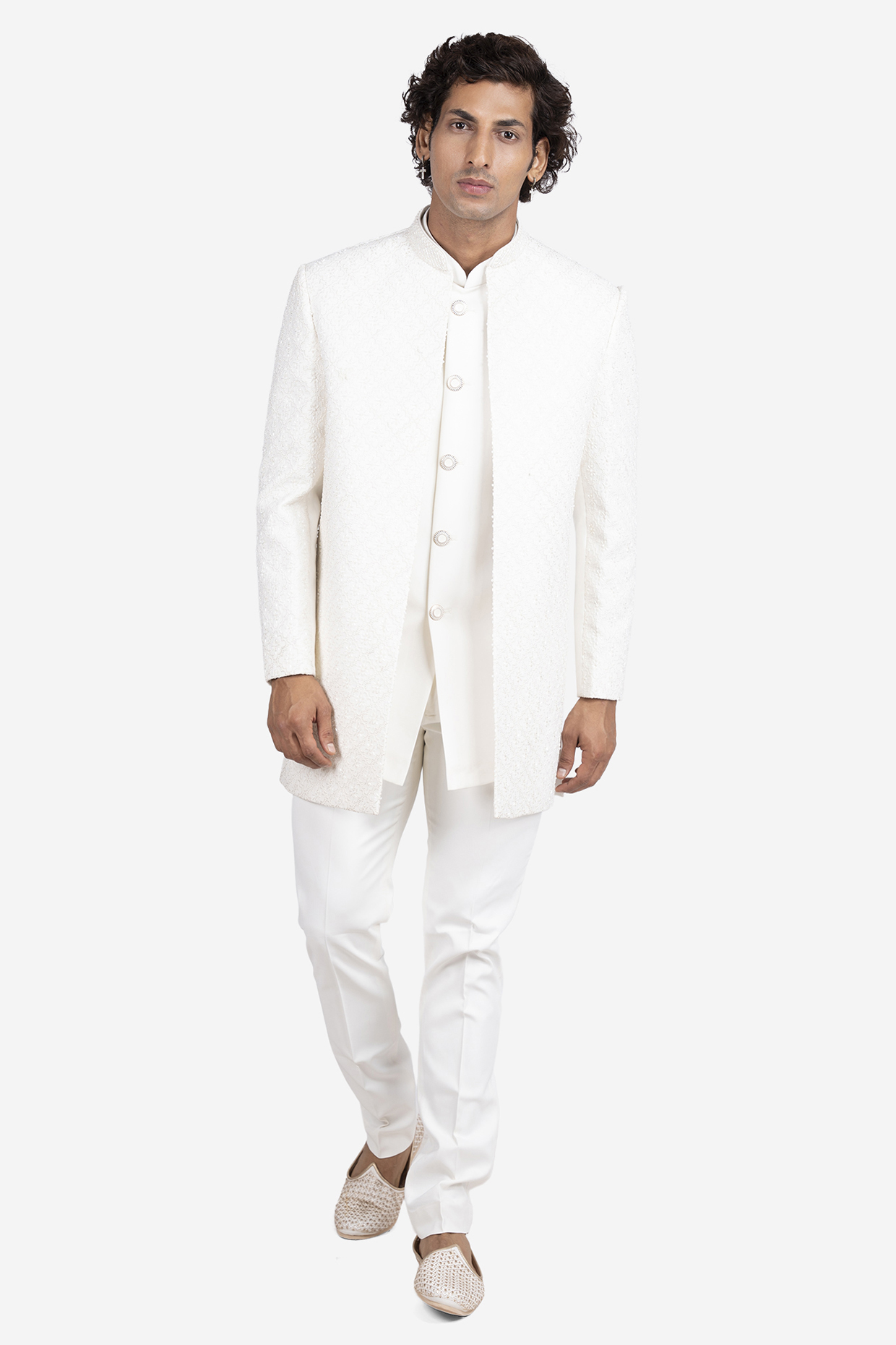 White Polyester Viscose Japanese Motif Work Groom Indowestern Set by SVEN SUITS at Pernia's Pop Up Shop