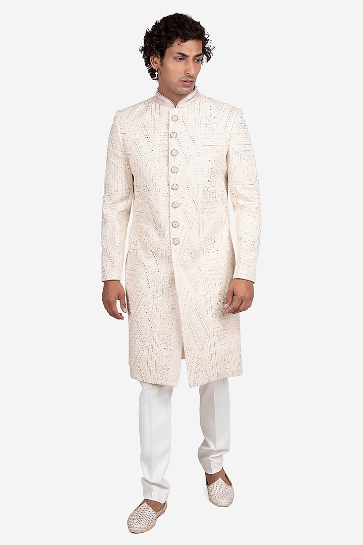 Ivory Faux Silk Floral Embroidered Sherwani Set by SVEN SUITS