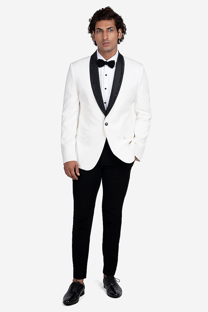 Vanilla White Polyester Viscose Hand Embroidered Tuxedo Set by SVEN SUITS