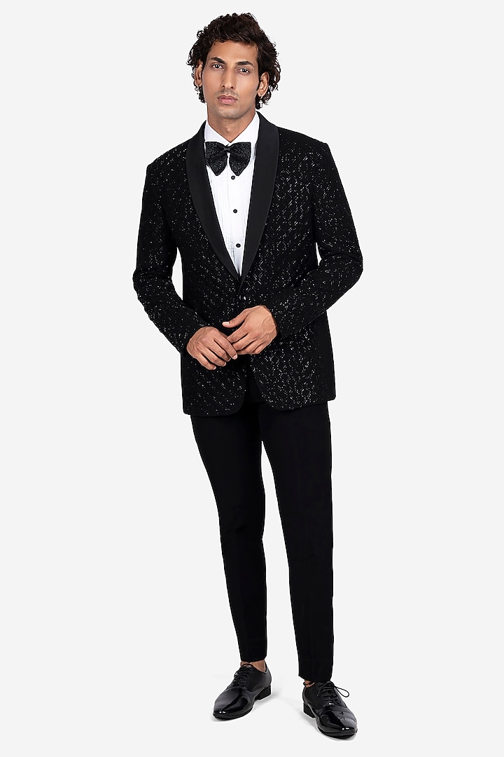 Black Polyester Viscose Hand Embroidered Tuxedo Set by SVEN SUITS