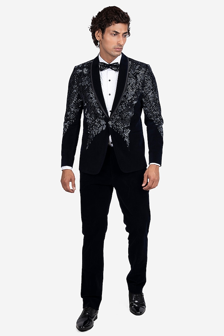 Blue Velvet Cutdana Embroidered Tuxedo Set by SVEN SUITS