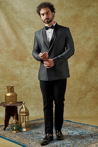 Dark Green Polyester Viscose Embroidered Tuxedo Set by SVEN SUITS
