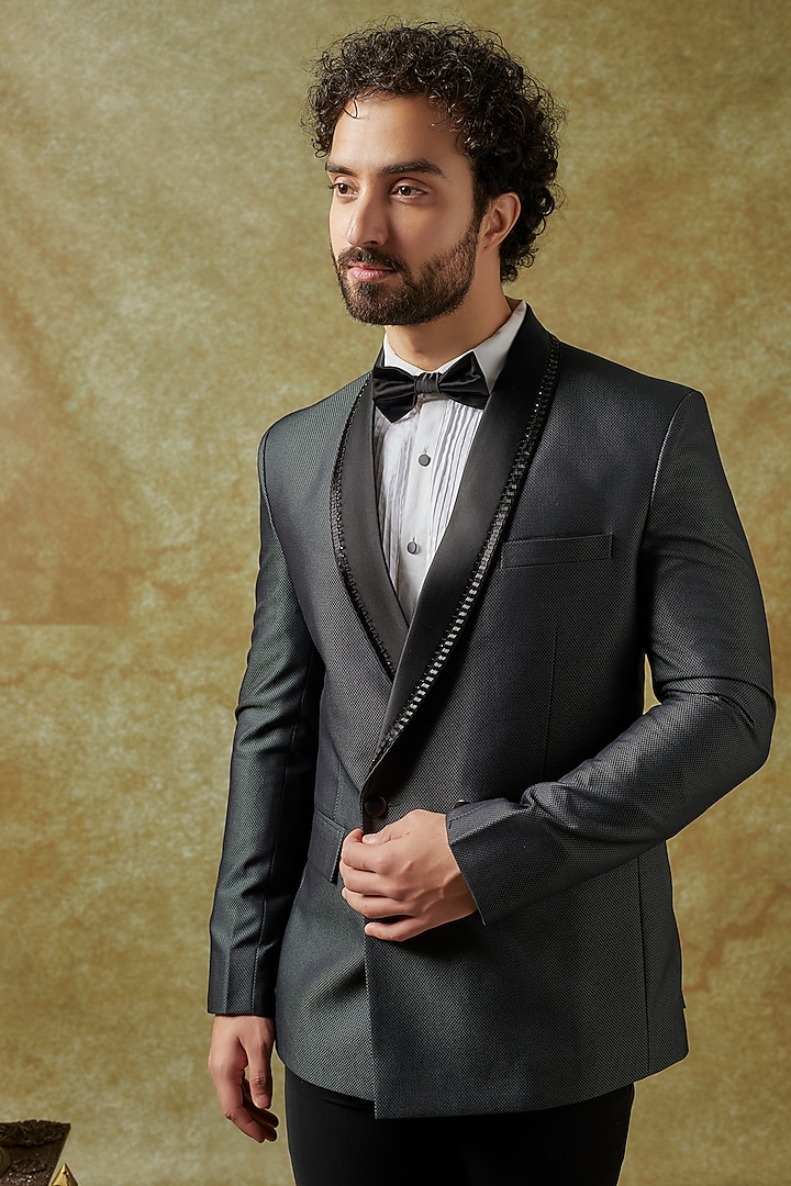 Dark Green Polyester Viscose Embroidered Tuxedo Set by SVEN SUITS at Pernia's Pop Up Shop