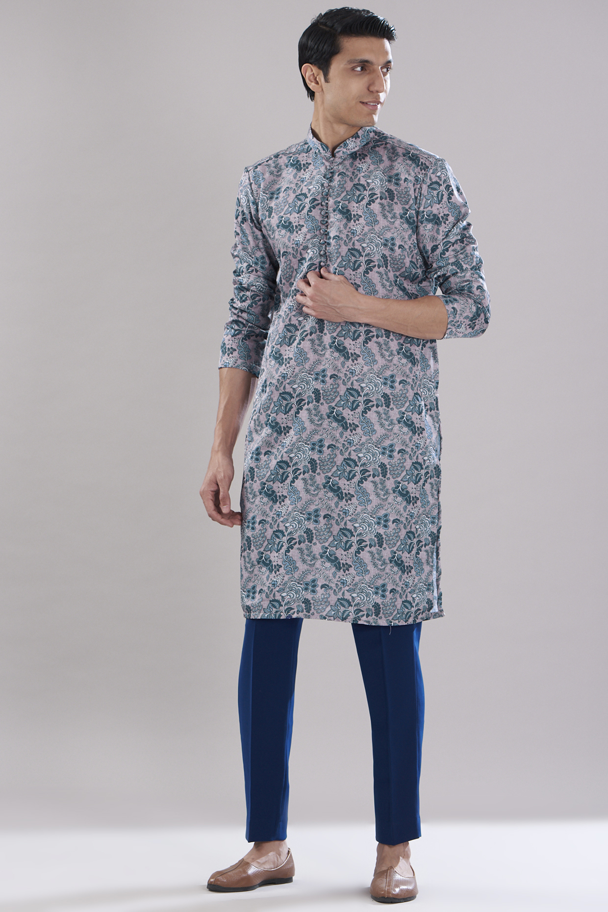 Teal Blue Polyester Printed Kurta Set by SVEN SUITS at Pernia's Pop Up Shop