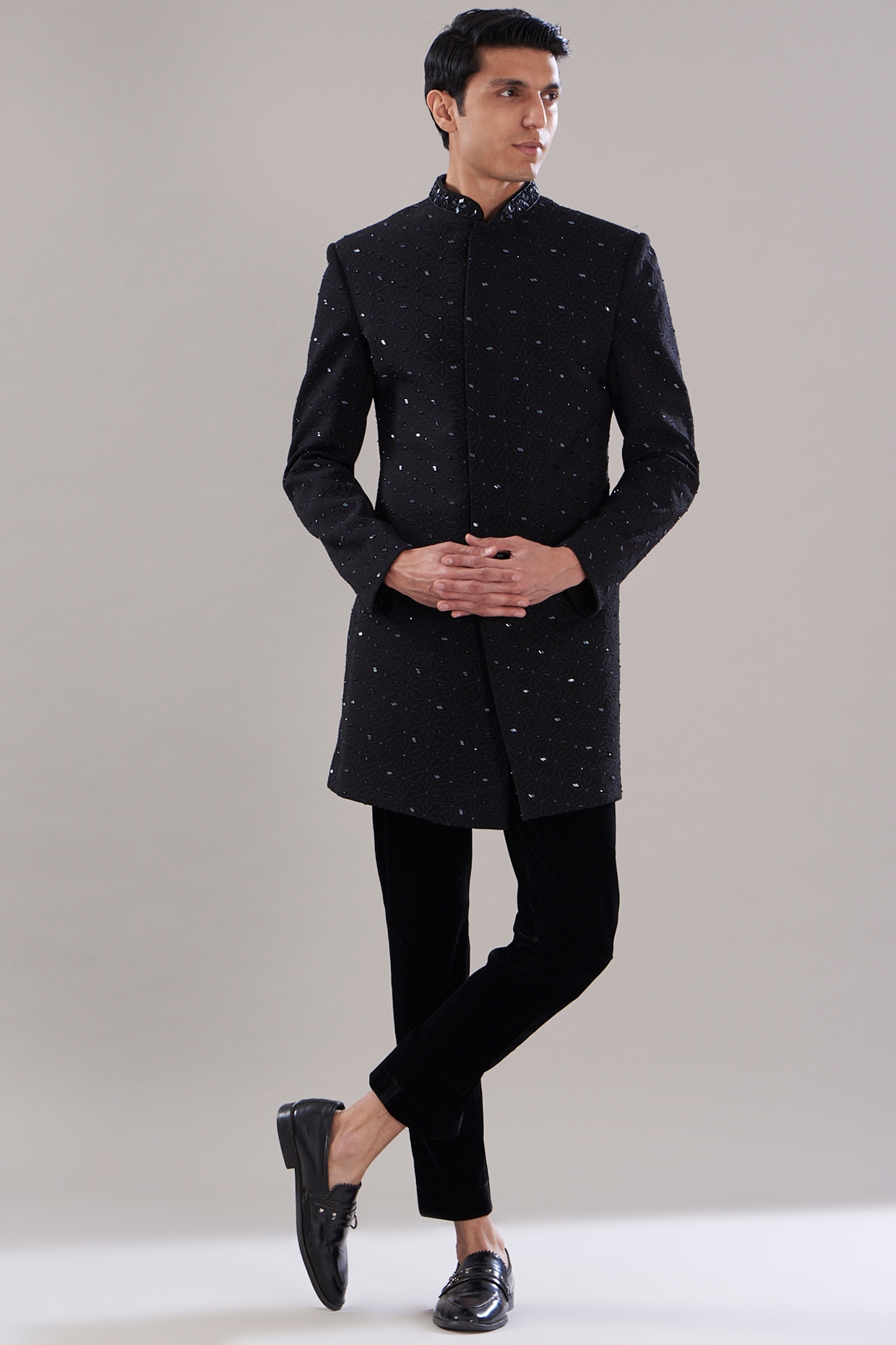 SVEN SUITS Black Imported Japanese Embroidered sherwani Set