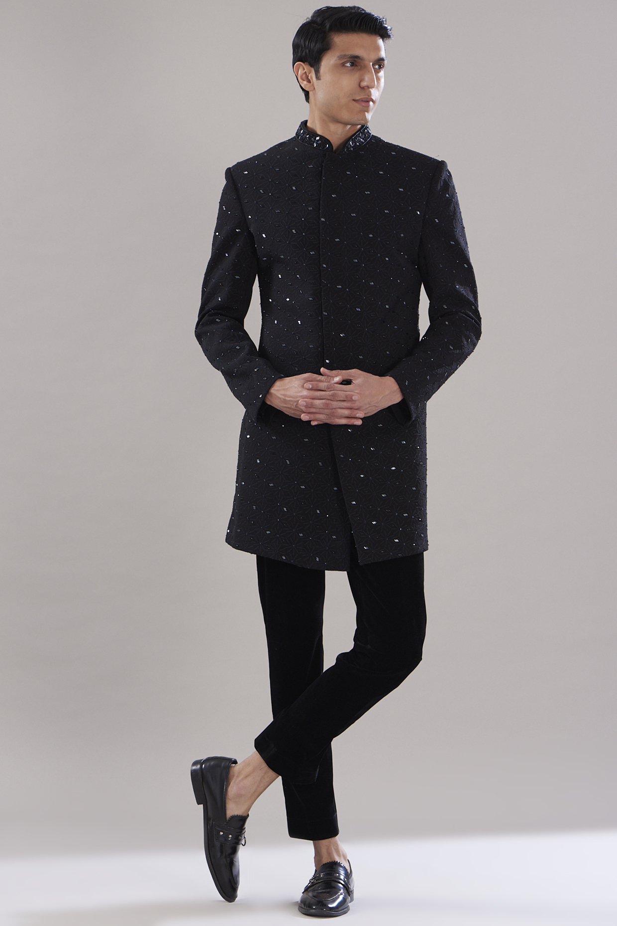 Black Imported Japanese Embroidered sherwani Set by SVEN SUITS at Pernia's Pop Up Shop