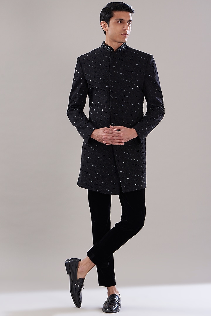 Black Imported Japanese Embroidered sherwani Set by SVEN SUITS at Pernia's Pop Up Shop