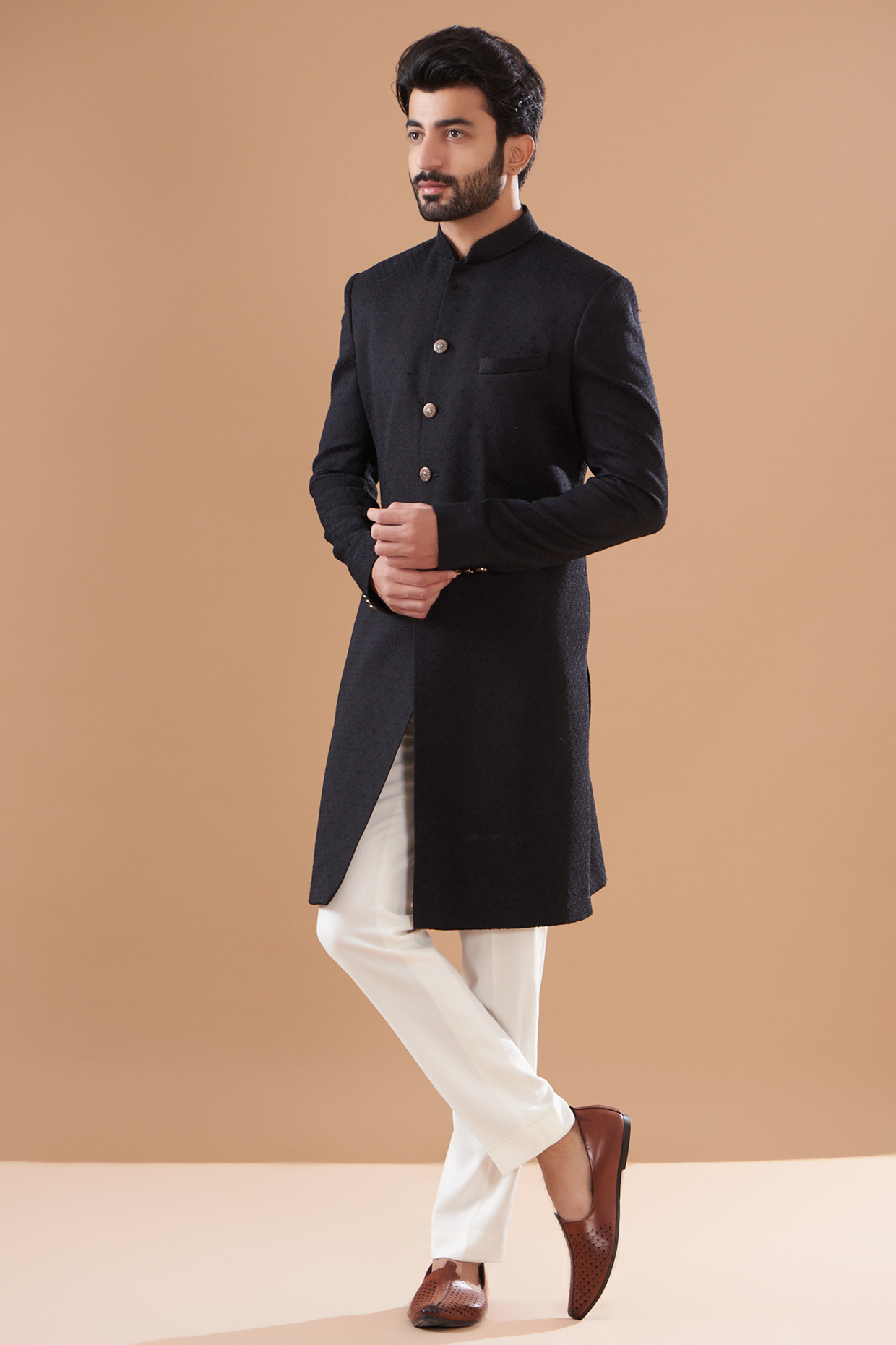 Black Jacquard & Polyester Sherwani Set by SVEN SUITS