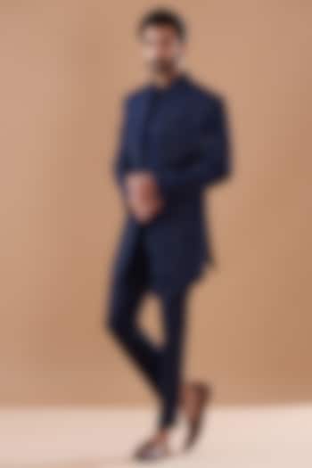 Navy Blue Faux Silk Embroidered Wedding Indowestern Set by SVEN SUITS at Pernia's Pop Up Shop