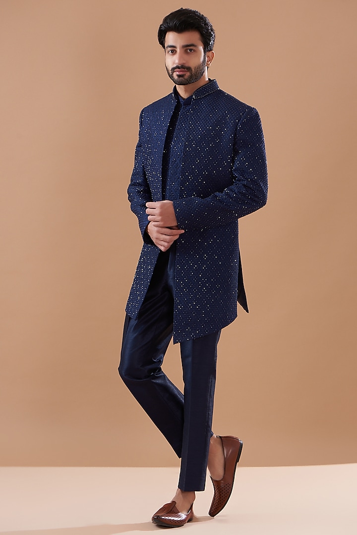 Navy Blue Faux Silk Embroidered Wedding Indowestern Set by SVEN SUITS at Pernia's Pop Up Shop