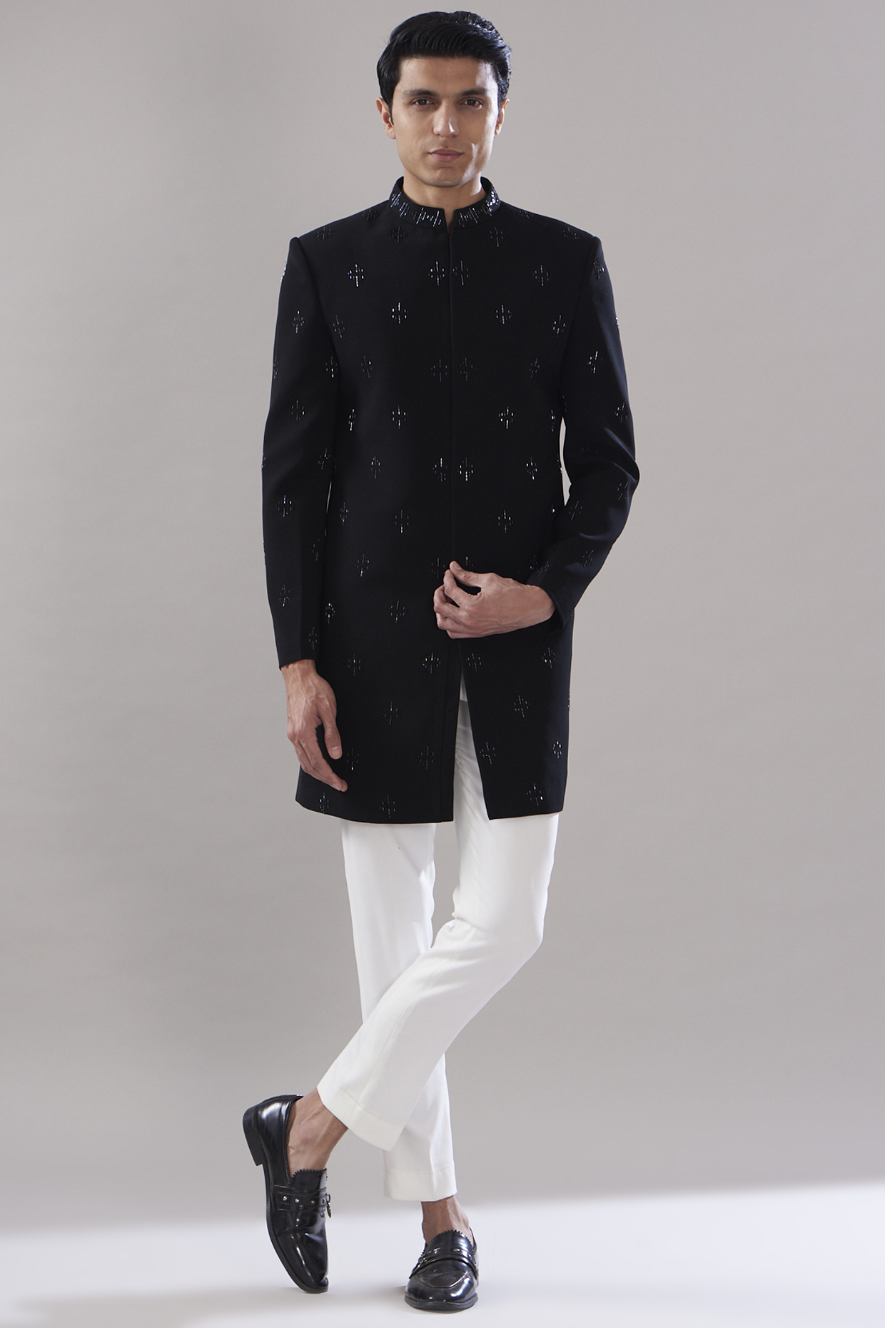 Black Japanese Embroidered Wedding Indowestern Set by SVEN SUITS at Pernia's Pop Up Shop