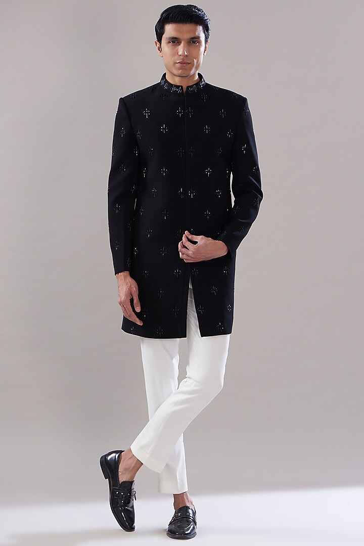 Black Japanese Embroidered Wedding Indowestern Set by SVEN SUITS at Pernia's Pop Up Shop