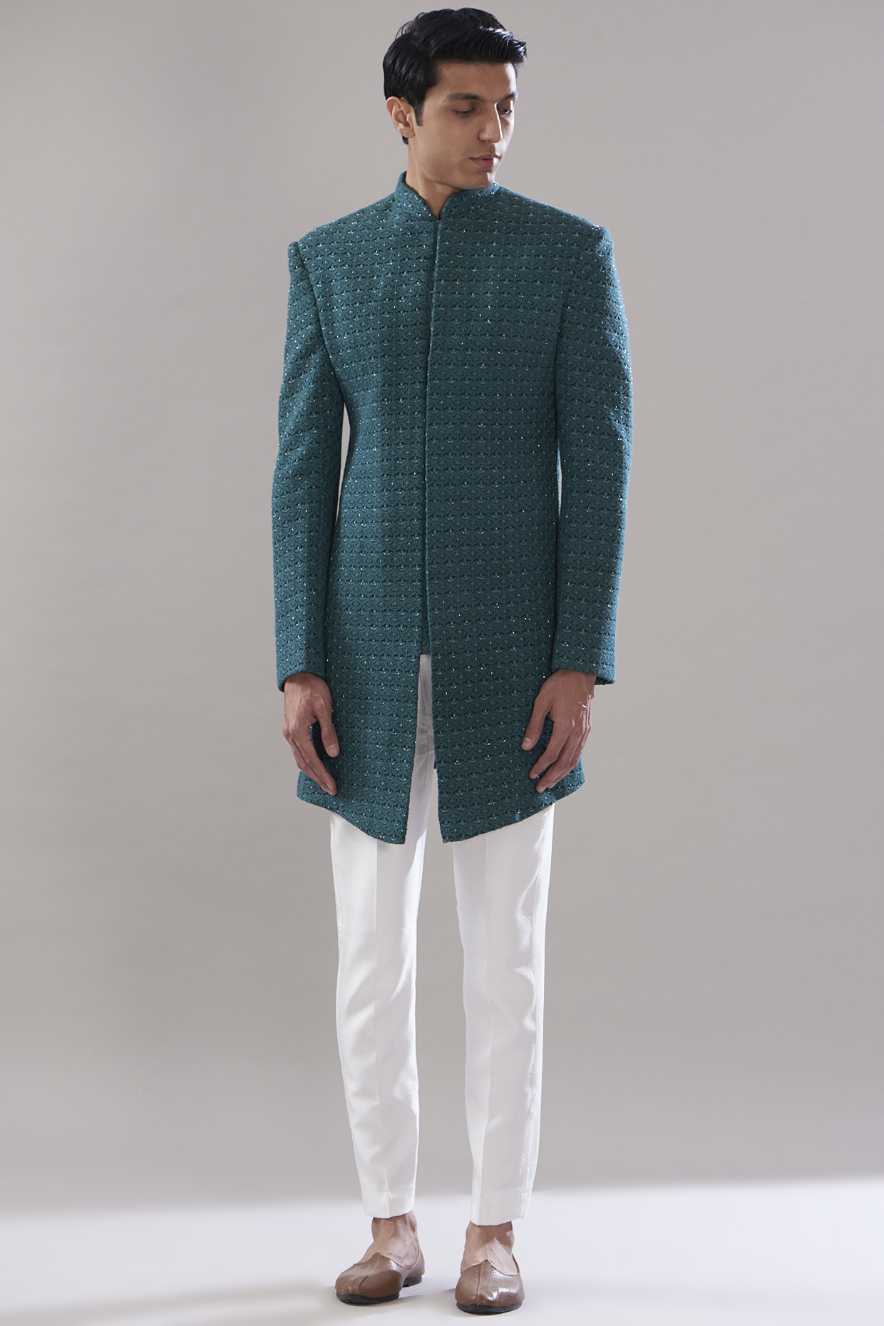 Emerald Green Georgette Embroidered Wedding Indowestern Set by SVEN SUITS at Pernia's Pop Up Shop