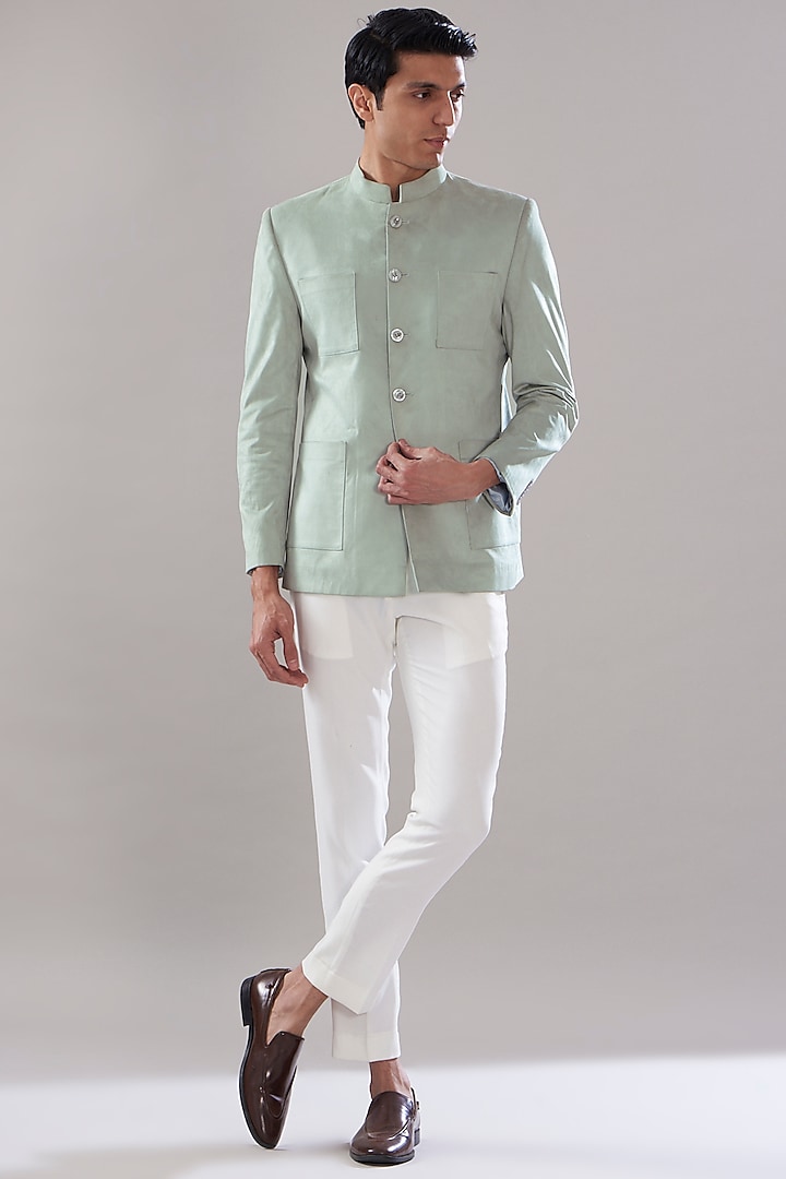 Mint Green Suede Jodhpuri Jacket Set by SVEN SUITS